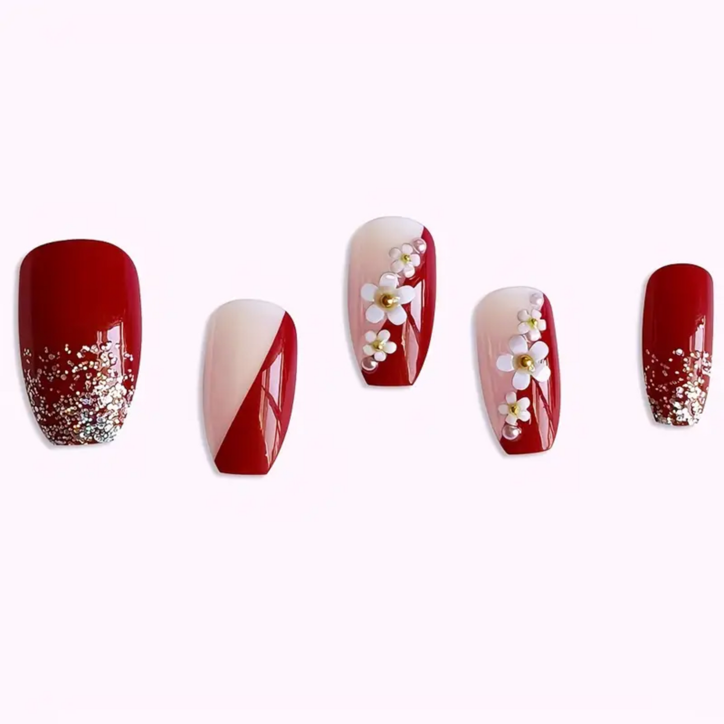 24Pcs Handcrafted 3D Camellia Short Square Press-On Nails, Burgundy False Nail Tips with Glitter,