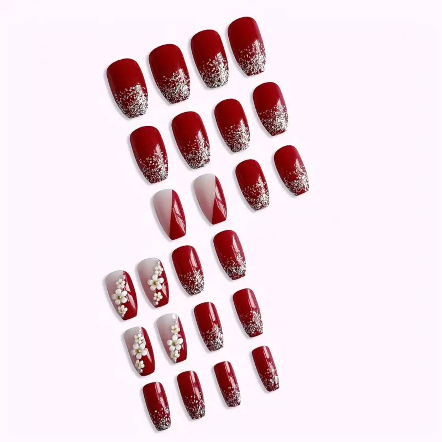 24Pcs Handcrafted 3D Camellia Short Square Press-On Nails, Burgundy False Nail Tips with Glitter,