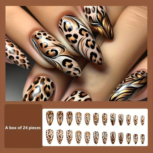 24pcs Long Sharp Leopard Pattern French Leopard Stripe Acrylic Fake Nail