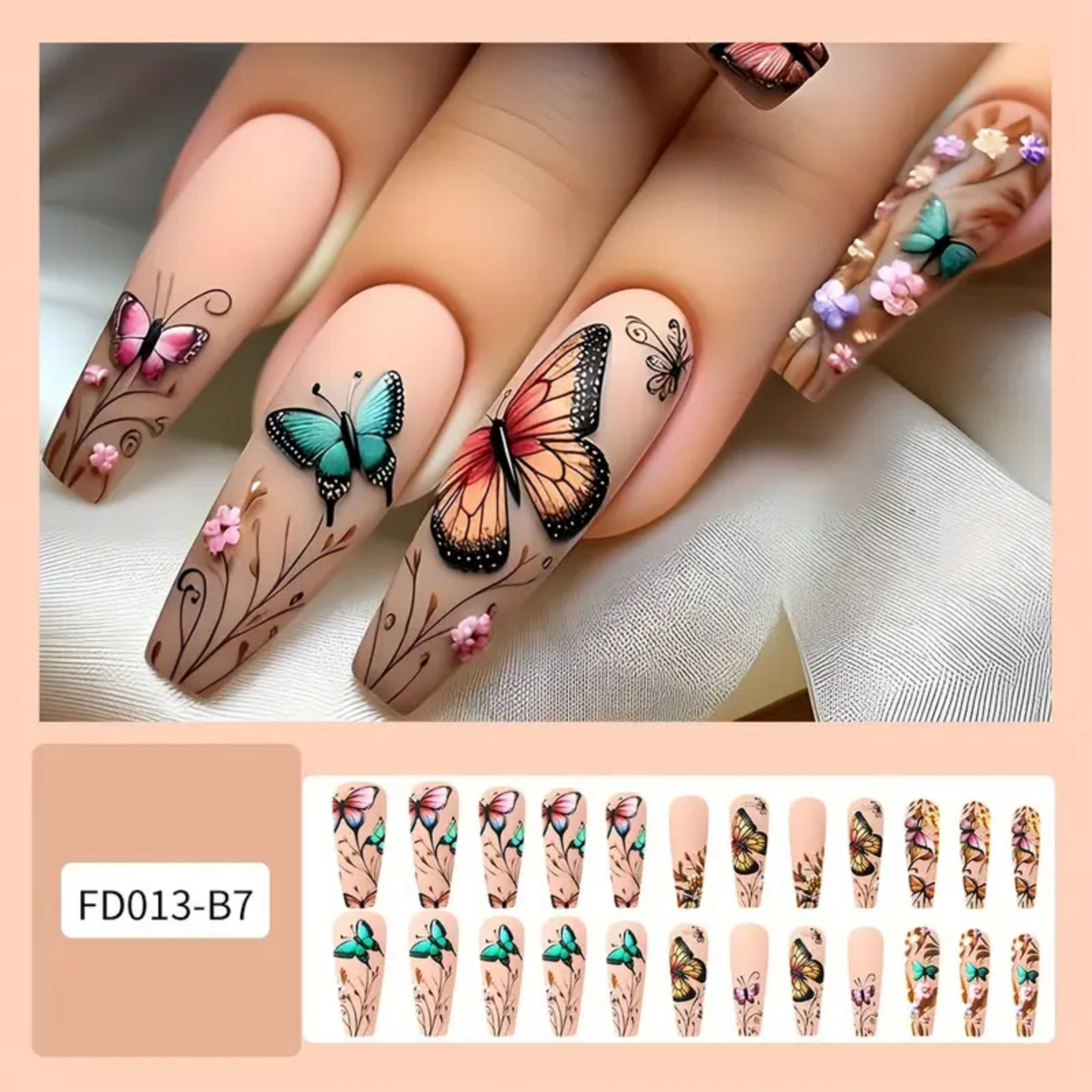 24 Pcs Super Long Coffin Press-On Nails, Mixed Color Pink, Ballet Shape, 3D Butterfly & Floral Pattern, Matte Finish, False Nails for Artistic Manicure