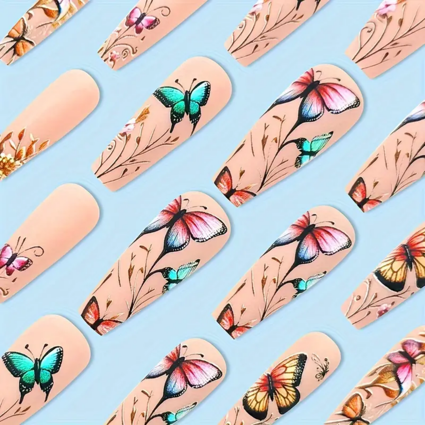 24 Pcs Super Long Coffin Press-On Nails, Mixed Color Pink, Ballet Shape, 3D Butterfly & Floral Pattern, Matte Finish, False Nails for Artistic Manicure