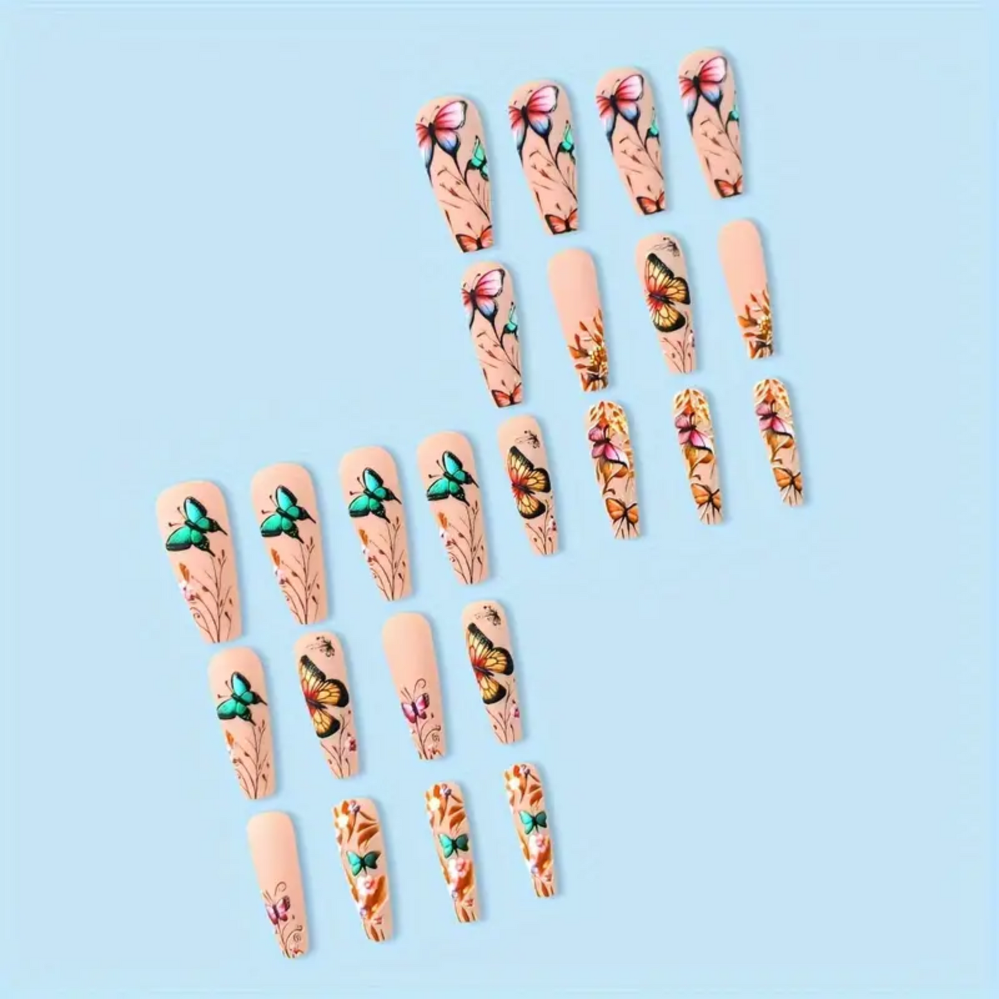 24 Pcs Super Long Coffin Press-On Nails, Mixed Color Pink, Ballet Shape, 3D Butterfly & Floral Pattern, Matte Finish, False Nails for Artistic Manicure