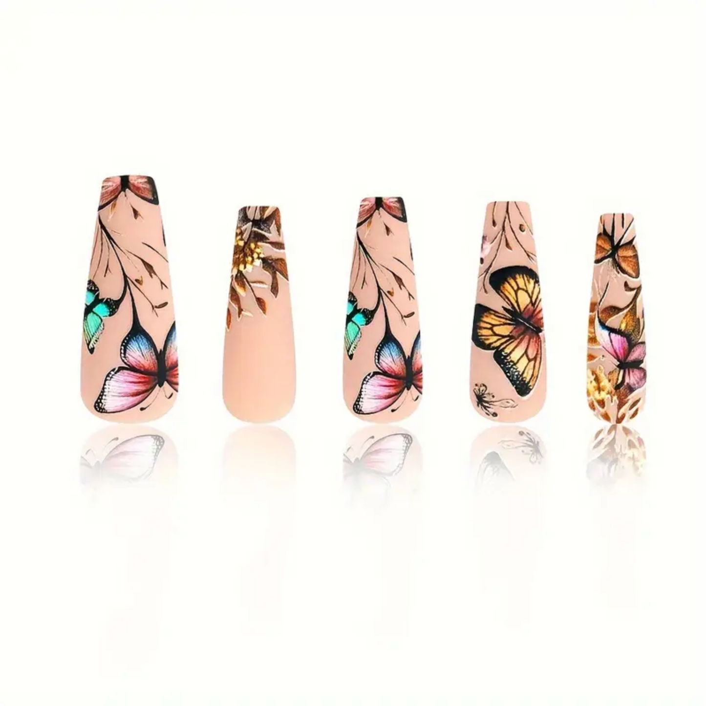 24 Pcs Super Long Coffin Press-On Nails, Mixed Color Pink, Ballet Shape, 3D Butterfly & Floral Pattern, Matte Finish, False Nails for Artistic Manicure