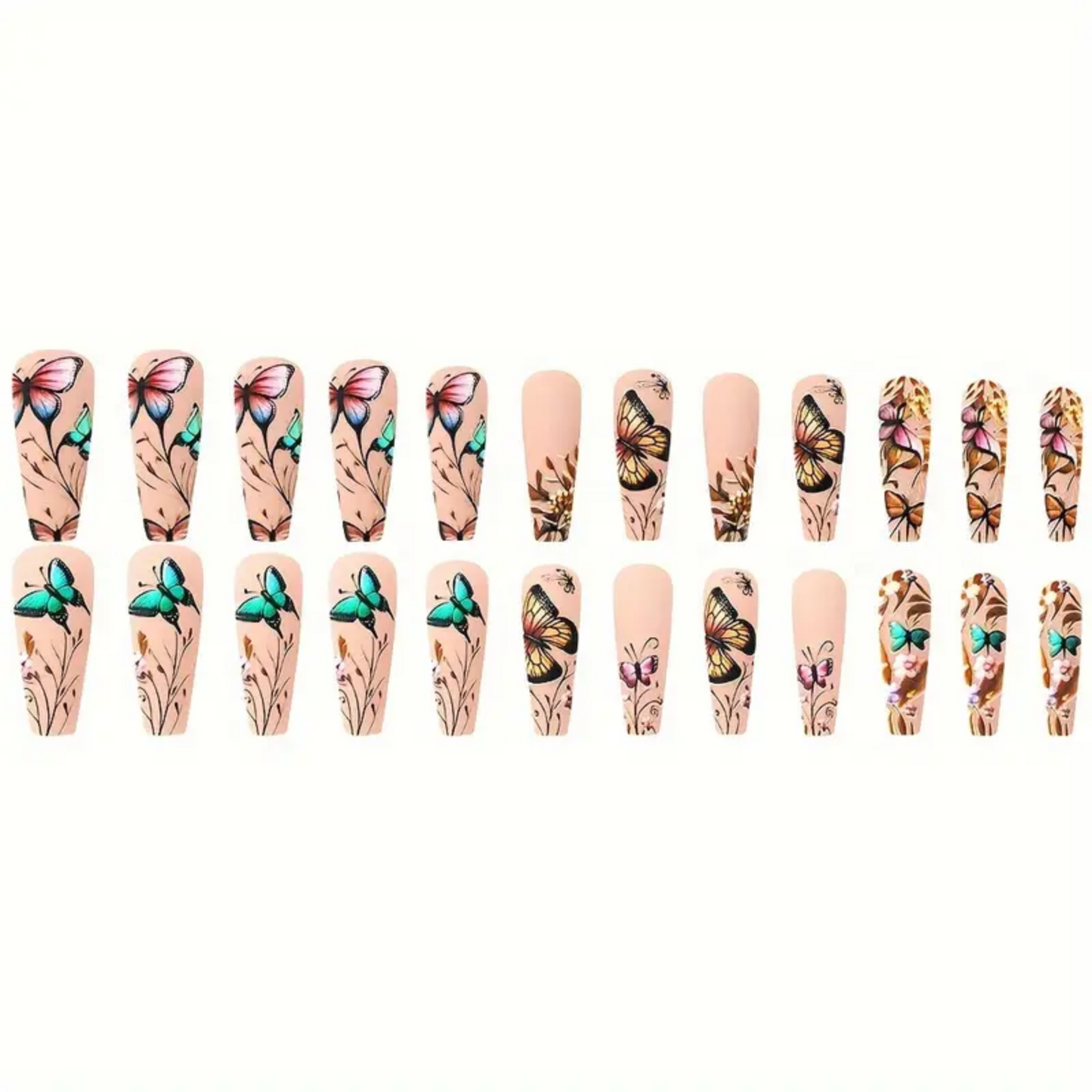 24 Pcs Super Long Coffin Press-On Nails, Mixed Color Pink, Ballet Shape, 3D Butterfly & Floral Pattern, Matte Finish, False Nails for Artistic Manicure