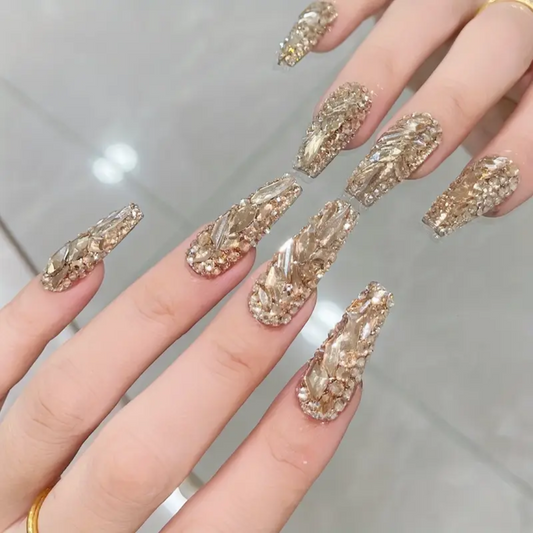 10PCS Golden Color Long Ballet Press On Nails With Rhinestones, Luxury Fake Nails,Full Cover False Nails For Women And Girls