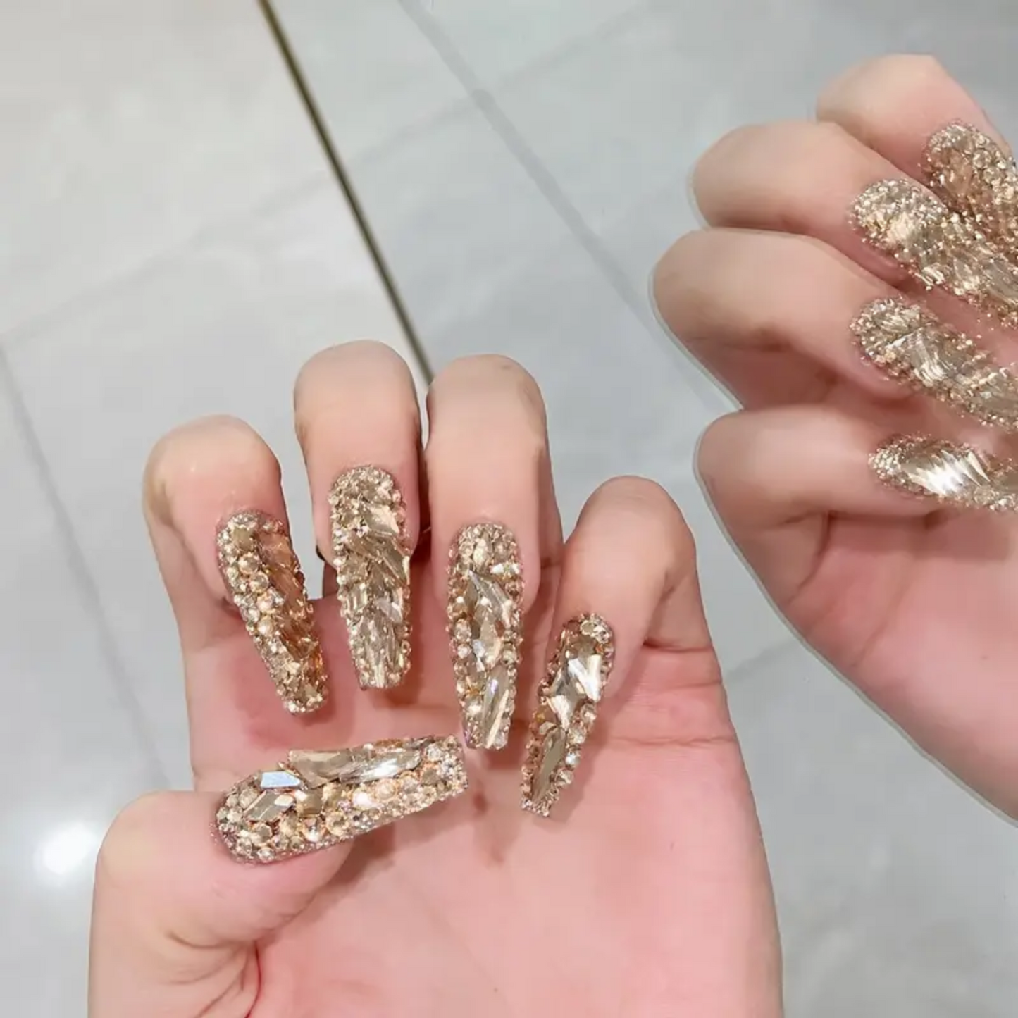 10PCS Golden Color Long Ballet Press On Nails With Rhinestones, Luxury Fake Nails,Full Cover False Nails For Women And Girls