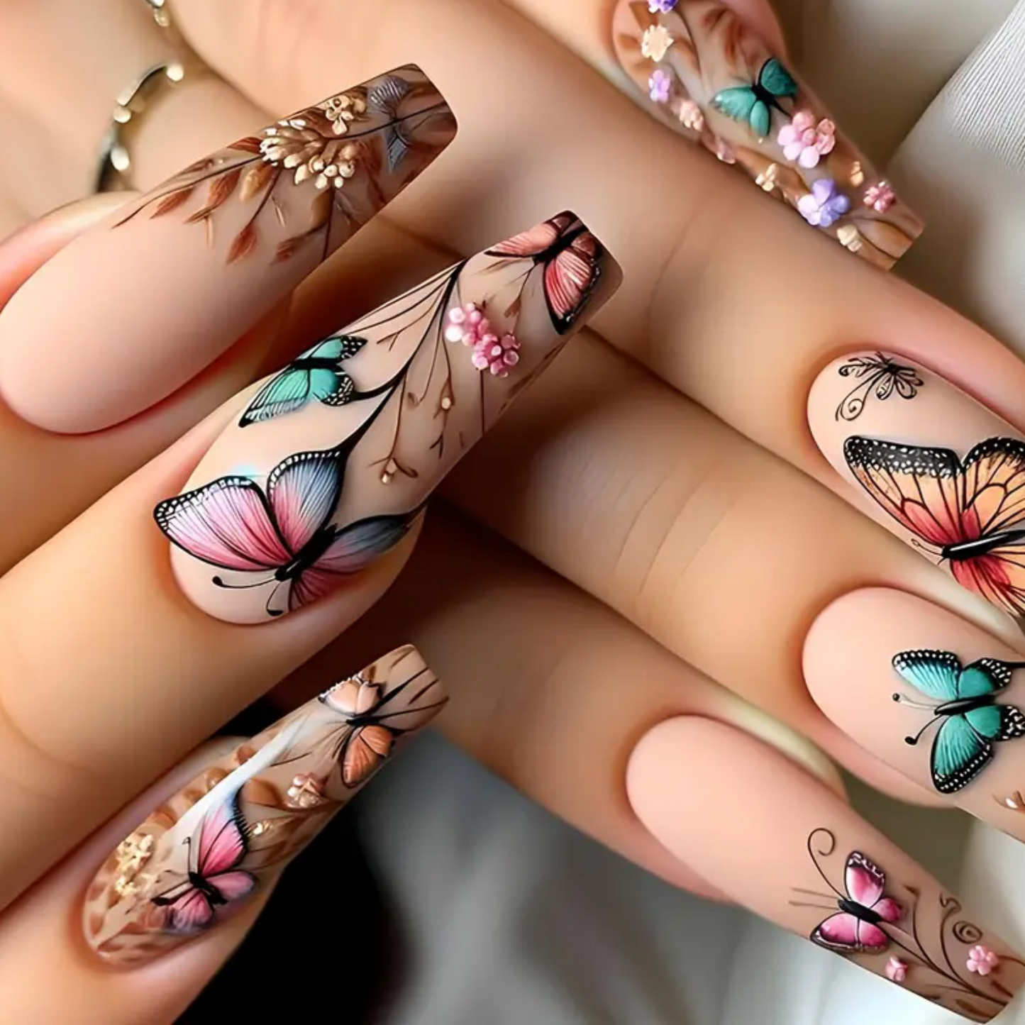 24 Pcs Super Long Coffin Press-On Nails, Mixed Color Pink, Ballet Shape, 3D Butterfly & Floral Pattern, Matte Finish, False Nails for Artistic Manicure