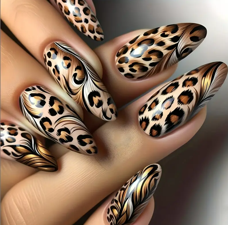 24pcs Long Sharp Leopard Pattern French Leopard Stripe Acrylic Fake Nail